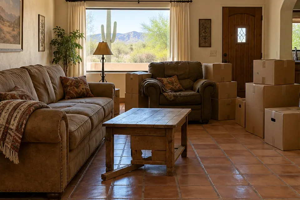 Living room before furniture removal, with an old sofa, chair and boxes