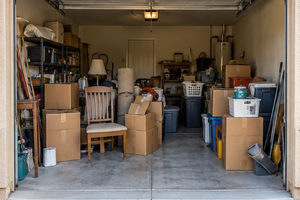 Tucson garage before a cleanout, filled with boxes and household clutter