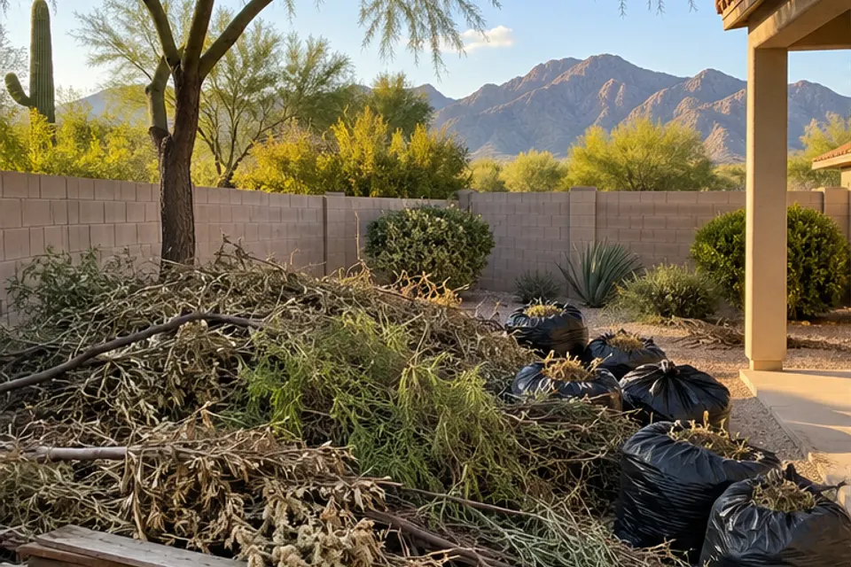 Tucson backyard before cleanup, with branches, lumber and bagged yard waste
